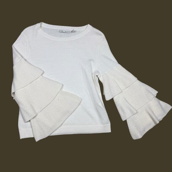 Alice + Olivia Cream Stora Wool Scoop Neck Sweater with Ruffle Bell Sleeves XS - Picture 5 of 8
